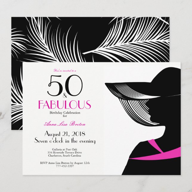 Elegant Art Deco hot pink elegant lady 50 & Fab Invitation (Front/Back)