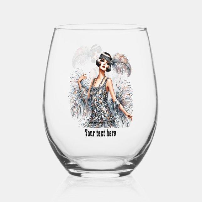 Elegant Art Deco lady customisable  Stemless Wine Glass (Front)