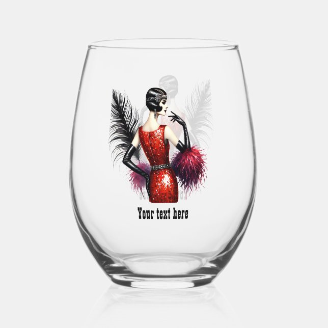 Elegant Art Deco lady customisable  Stemless Wine Glass (Front)