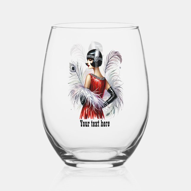 Elegant Art Deco lady customisable  Stemless Wine Glass (Front)