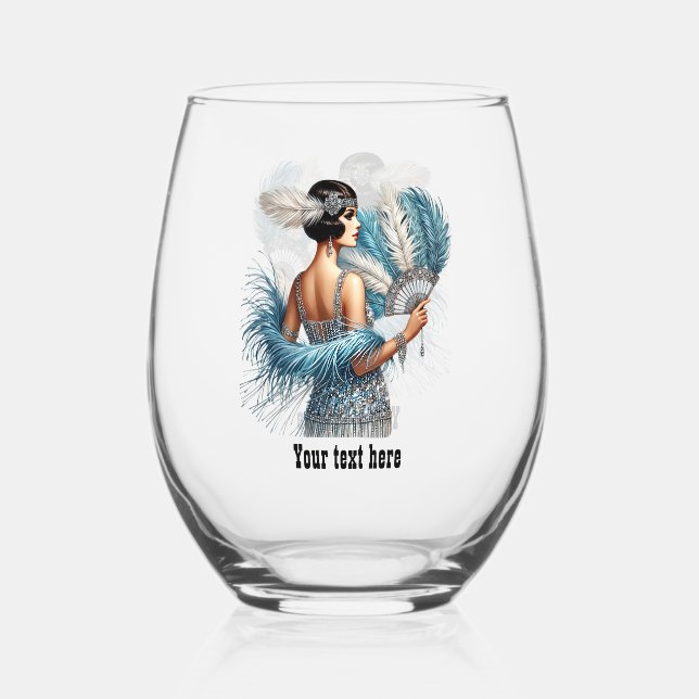 Elegant Art Deco lady customisable  Stemless Wine Glass (Front)