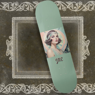 Elegant Art Deco Lady Retro Monogram Skateboard