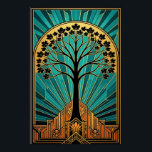 Elegant Art Deco Maple Tree Silhouette Gold Teal Poster<br><div class="desc">A sophisticated blend of nature and 1920s skyscraper architecture. This striking illustration features a bold black silhouette of a maple tree, its leaves forming a perfect canopy against a radiant gold sunburst. The tree rises from an intricate, tiered Art Deco base in warm orange and gold tones, framed by a...</div>