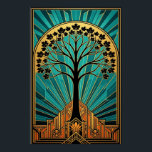 Elegant Art Deco Maple Tree Silhouette Gold Teal Poster<br><div class="desc">A sophisticated blend of nature and 1920s skyscraper architecture. This striking illustration features a bold black silhouette of a maple tree, its leaves forming a perfect canopy against a radiant gold sunburst. The tree rises from an intricate, tiered Art Deco base in warm orange and gold tones, framed by a...</div>
