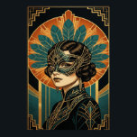 Elegant Art Deco Masquerade Woman Gold Teal Poster<br><div class="desc">Step into the mystery and glamour of a 1920s gala with this exquisite Art Deco portrait. Featuring a sophisticated woman in a stunning teal and gold filigree mask, adorned with a dramatic peacock-style feather headpiece. Set against a radiant orange sunburst and framed by bold, black geometric patterns, this piece captures...</div>