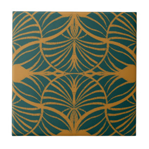 Elegant Art Deco Mustard & Teal Gouache Scallops Tile