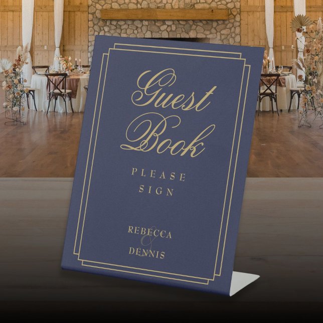 Elegant Art Deco Navy Blue And Gold Guest Book Pedestal Sign (Elegant Art Deco Navy Blue And Gold Guest Book Pedestal Sign)