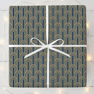 Elegant Art Deco Pattern Arches Navy Gold Chic Wrapping Paper
