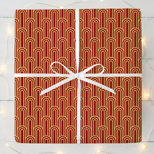 Elegant Art Deco Pattern Arches Red Gold Chic Wrapping Paper