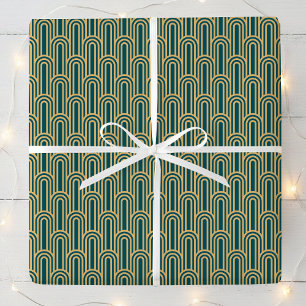 Elegant Art Deco Pattern Arches Teal Gold Chic Wrapping Paper