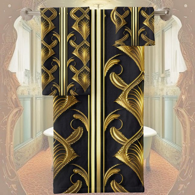 Elegant art deco pattern in black and gold bath towel set (Creator Uploaded)