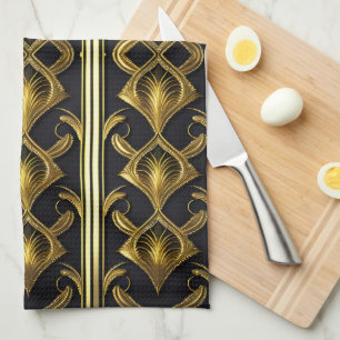 Elegant art deco pattern in black and gold tea towel