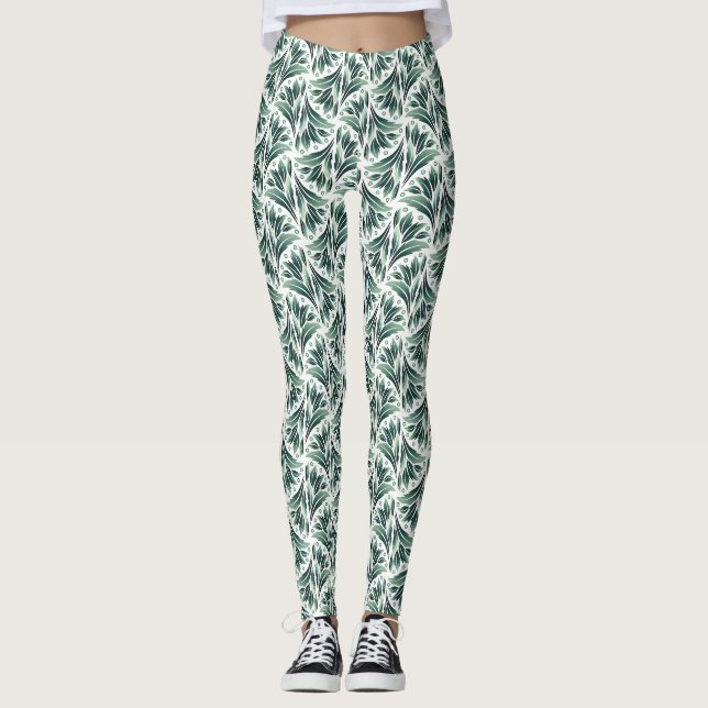 Elegant Art Deco Pattern with Green Foliage Leggings (Front)