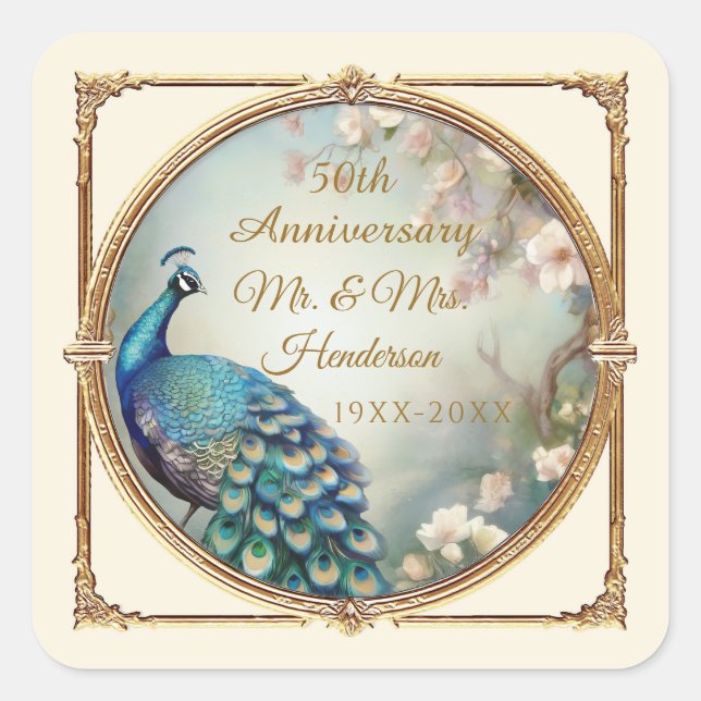 Elegant Art Deco Peacock 50th Anniversary Floral Square Sticker (Front)