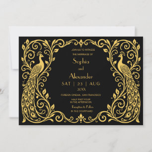 Elegant Art Deco Peacock Gold Black Wedding Invitation