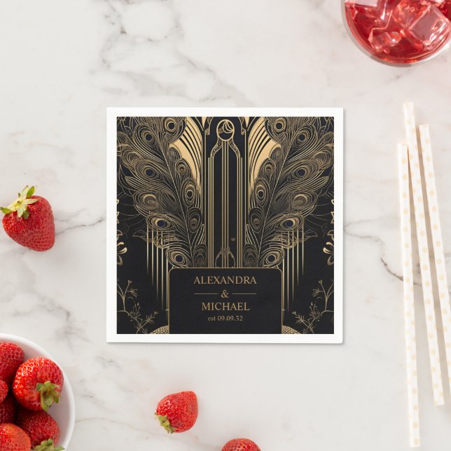 Elegant Art Deco Peacocks Wedding Napkin (Insitu)
