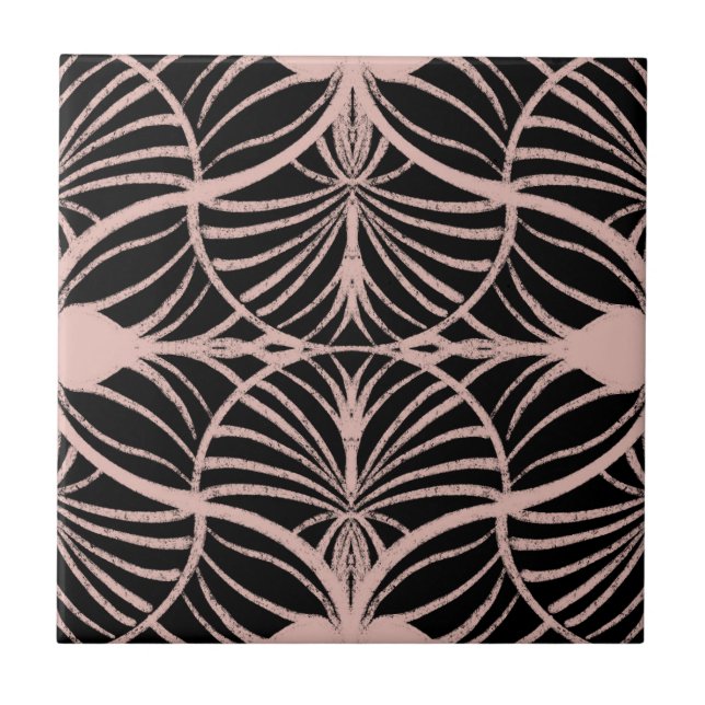 Elegant Art Deco Pink & Black Gouache Scallops Tile (Front)