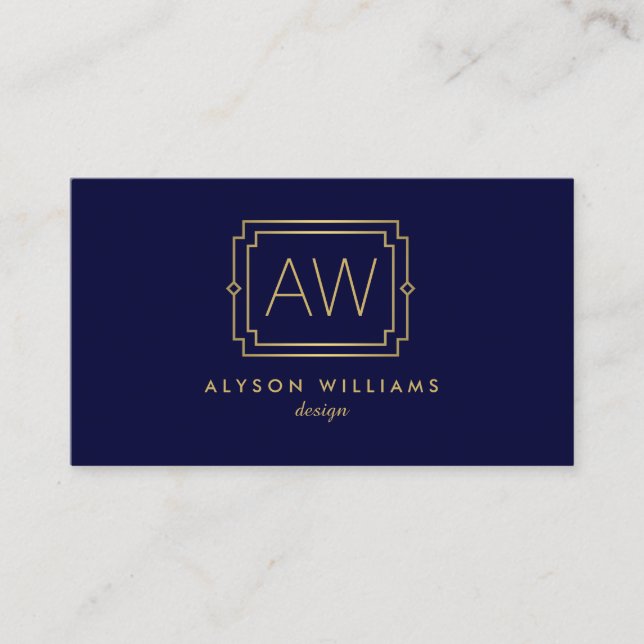 Elegant Art Deco Professional Monogram Navy/Gold Business Card (Front)