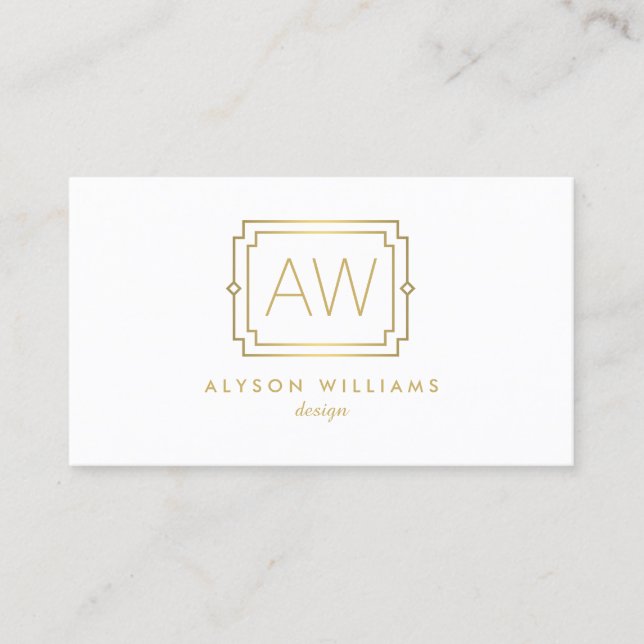 Elegant Art Deco Professional Monogram White/Gold Business Card (Front)