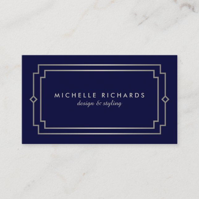 Elegant Art Deco Professional Navy/Silver Business Card (Front)