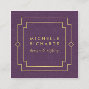Elegant Art Deco Professional Purple Linen/Gold Square Business Card