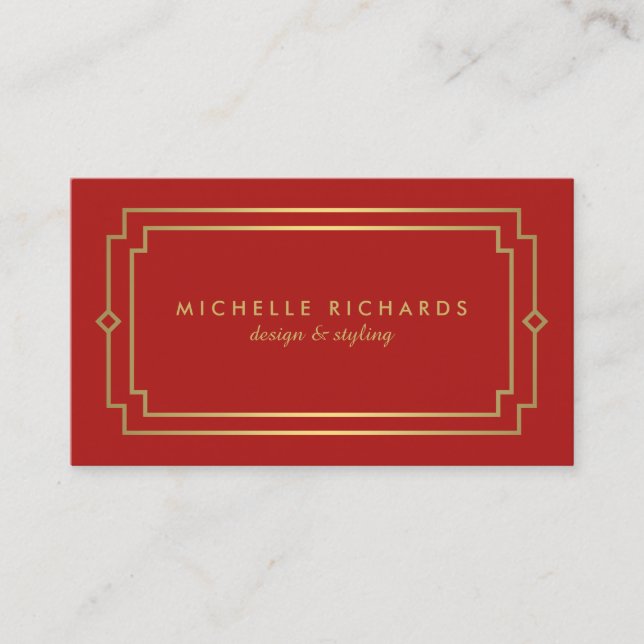 Elegant Art Deco Professional Red/Gold Business Card (Front)