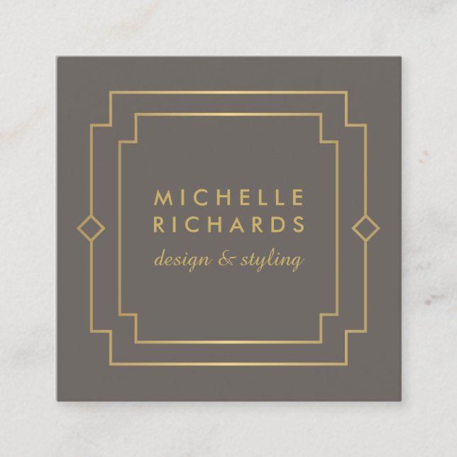Elegant Art Deco Professional Taupe/Gold Square Business Card (Front)