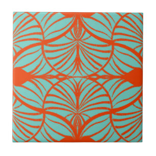 Elegant Art Deco Red & Turquoise Gouache Scallops Tile