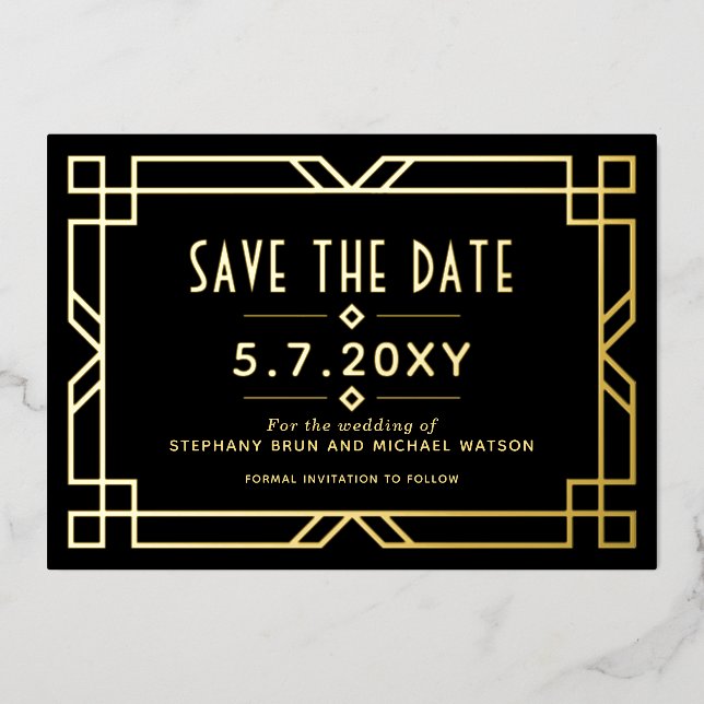 Elegant Art Deco Save the Date Black Gold Card (Front)