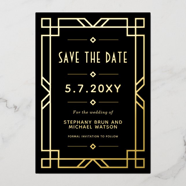 Elegant Art Deco Save the Date Black Gold Card (Front)