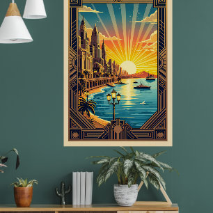 Elegant Art Deco Seaside Cityscape Poster