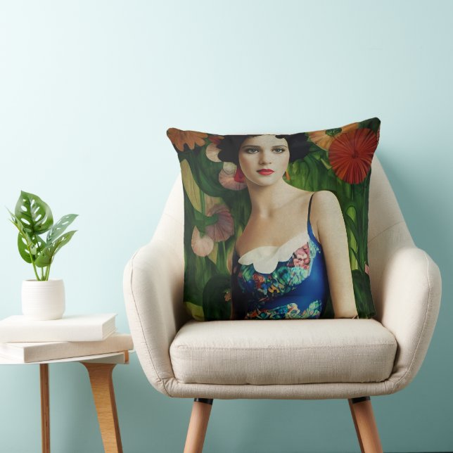 Elegant Art Deco Style Woman wth Large Flowers Art Cushion (Chair)
