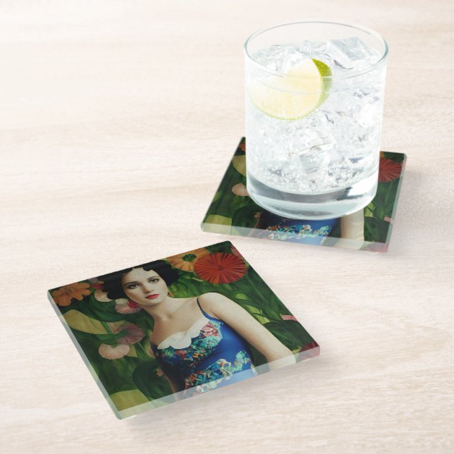 Elegant Art Deco Style Woman wth Large Flowers Art Glass Coaster (Angled)