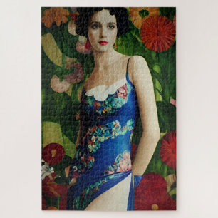 Elegant Art Deco Style Woman wth Large Flowers Art Jigsaw Puzzle