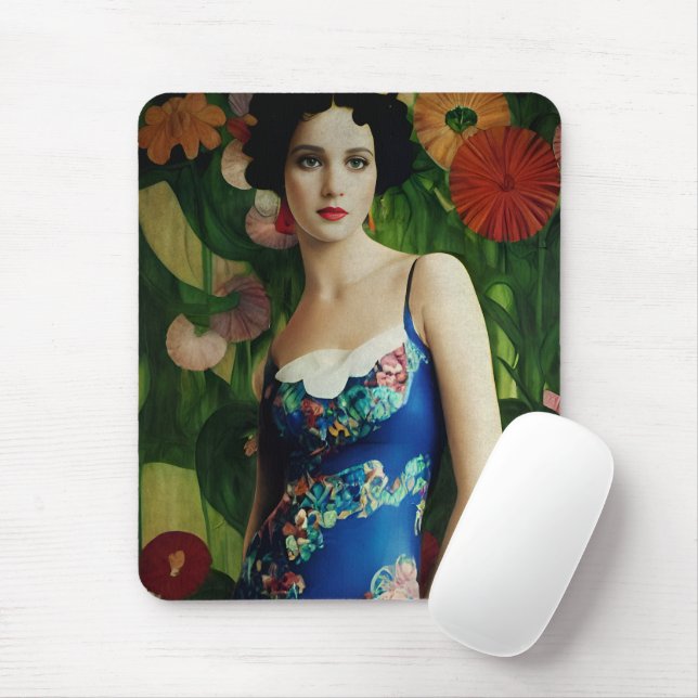 Elegant Art Deco Style Woman wth Large Flowers Art Mouse Mat (With Mouse)