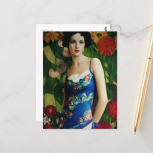 Elegant Art Deco Style Woman wth Large Flowers Art Postcard
