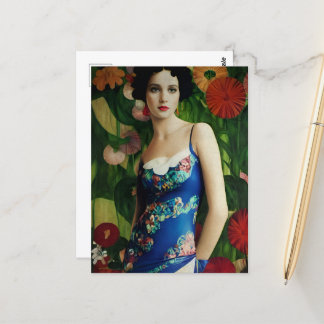 Elegant Art Deco Style Woman wth Large Flowers Art Postcard