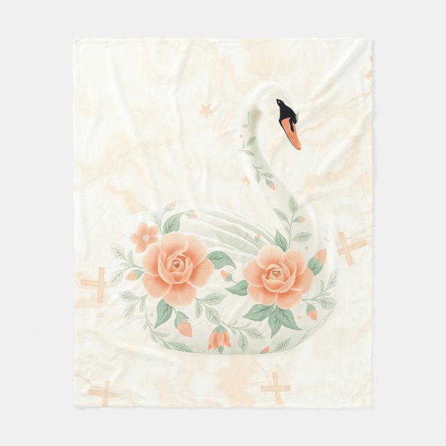 Elegant Art Deco Swan with Floral Patterns Fleece Blanket (Front)