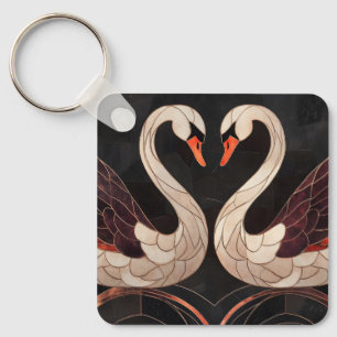 Elegant Art Deco Swans Forming a Heart Key Ring