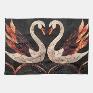Elegant Art Deco Swans Forming a Heart Tea Towel