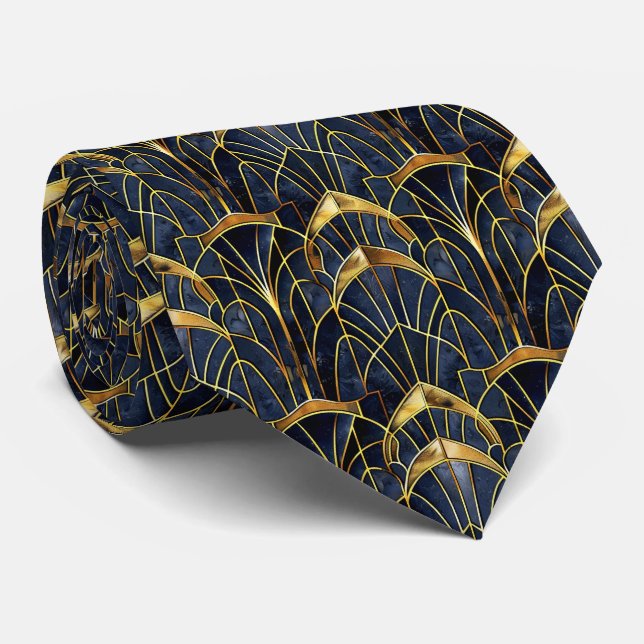 Elegant art deco tiled pattern black gold  tie (Rolled)