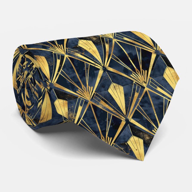Elegant art deco tiled pattern black gold  tie (Rolled)