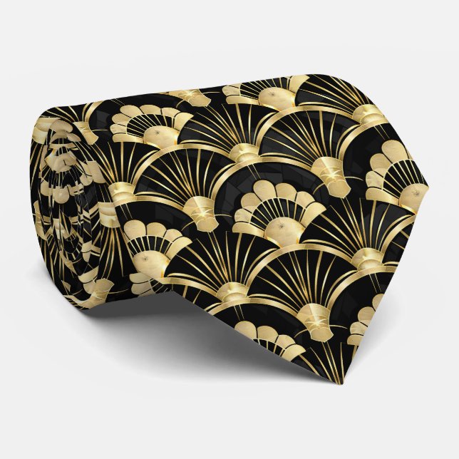 Elegant art deco tiled pattern black gold  tie (Rolled)