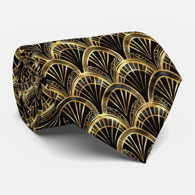 Elegant art deco tiled pattern black gold  tie (Rolled)