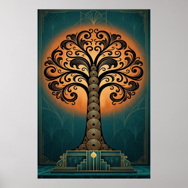 Elegant Art Deco Tree Silhouette Gold & Teal Poste Poster (Front)