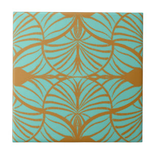 Elegant Art Deco Turquoise & Gold Gouache Scallops Tile