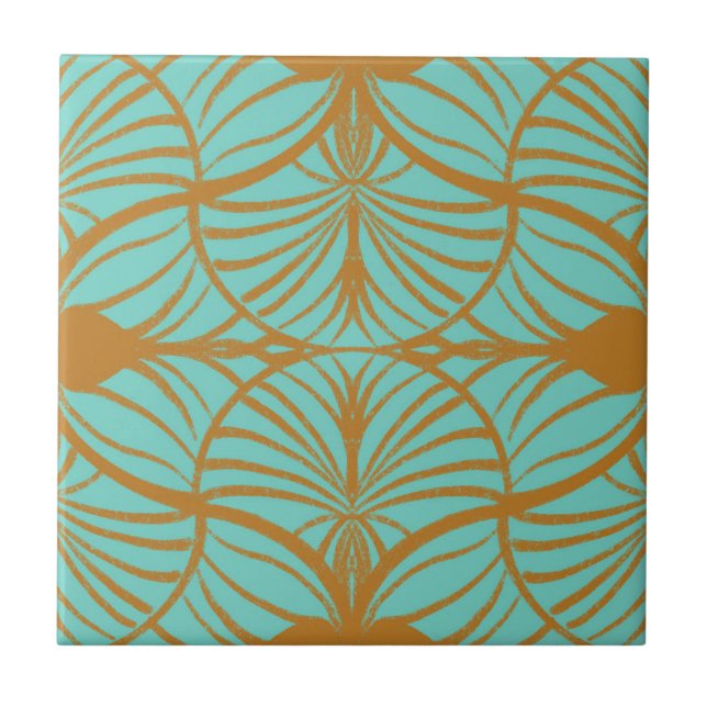 Elegant Art Deco Turquoise & Gold Gouache Scallops Tile (Front)