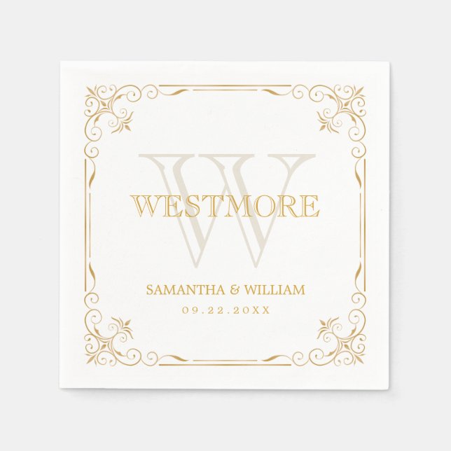 Elegant Art Deco Vintage Gold Monogram Wedding Napkin (Front)