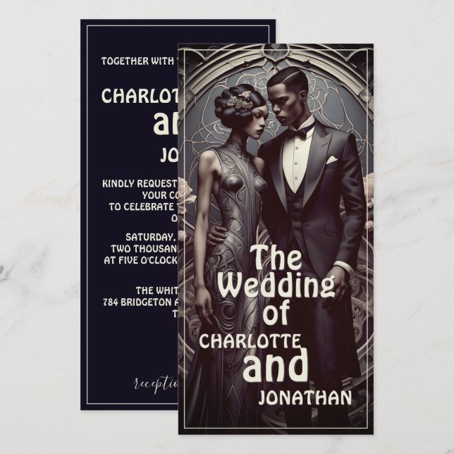 Elegant Art Deco Wedding Couple - Invitation (Front/Back)