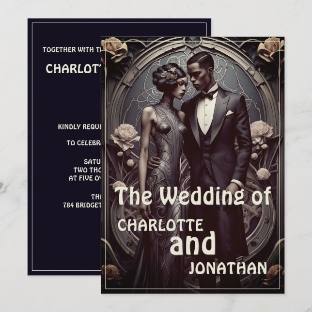 Elegant Art Deco Wedding Couple - Invitation (Front/Back)